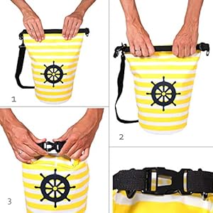 XENOBAG Dry Bag 8l / Wasserfeste Tasche/Strand Rucksack mit maritimem Muster/wasserdichter Beutel (drybag) mit verstellbarem Schultergurt (8 Liter, weiß/gelb Steuerrad) 5 Schnorchelmasken 51oshv hc8L. SS300 NIMM MIT, WAS DIR WICHTIG IST & HALTE ES TROCKEN UND GESCHÜTZT - Wasserdichte Packtasche ideal zur sicheren Aufbewahrung von u.a. Smartphone und Wertsachen z.B. beim Wassersport.
GRATIS HANDTUCH INKLUSIVE - Wasserfeste Badetasche als prima Begleiter am Strand bzw. auf Boot, SUP Board, Kajak, Kanu oder Yacht | mit abnehmbarem Gurt und kl. Handtuch (30cm x 40cm) als Geschenk.
DIE IDEALE GRÖSSE - Maße des unverschl. Beutels aus Lkw-Plane ca. 32cm breit u ca. 38cm hoch | BodenØ ca. 20cm | Gurt max. 100cm | Volumen des geschl. wasserfesten Beutels ca. 8 Liter.