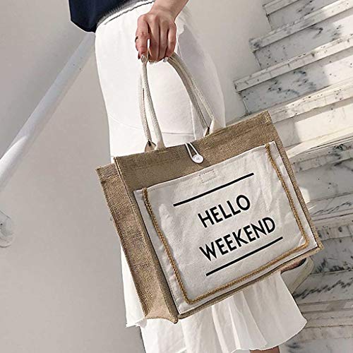 DZTZ Hello Weekend Women's Linen Handbag Large Capacity Casual Weekend Shopping Bag Tote Handbag Work Bag (L, White) - Thumbnail 3