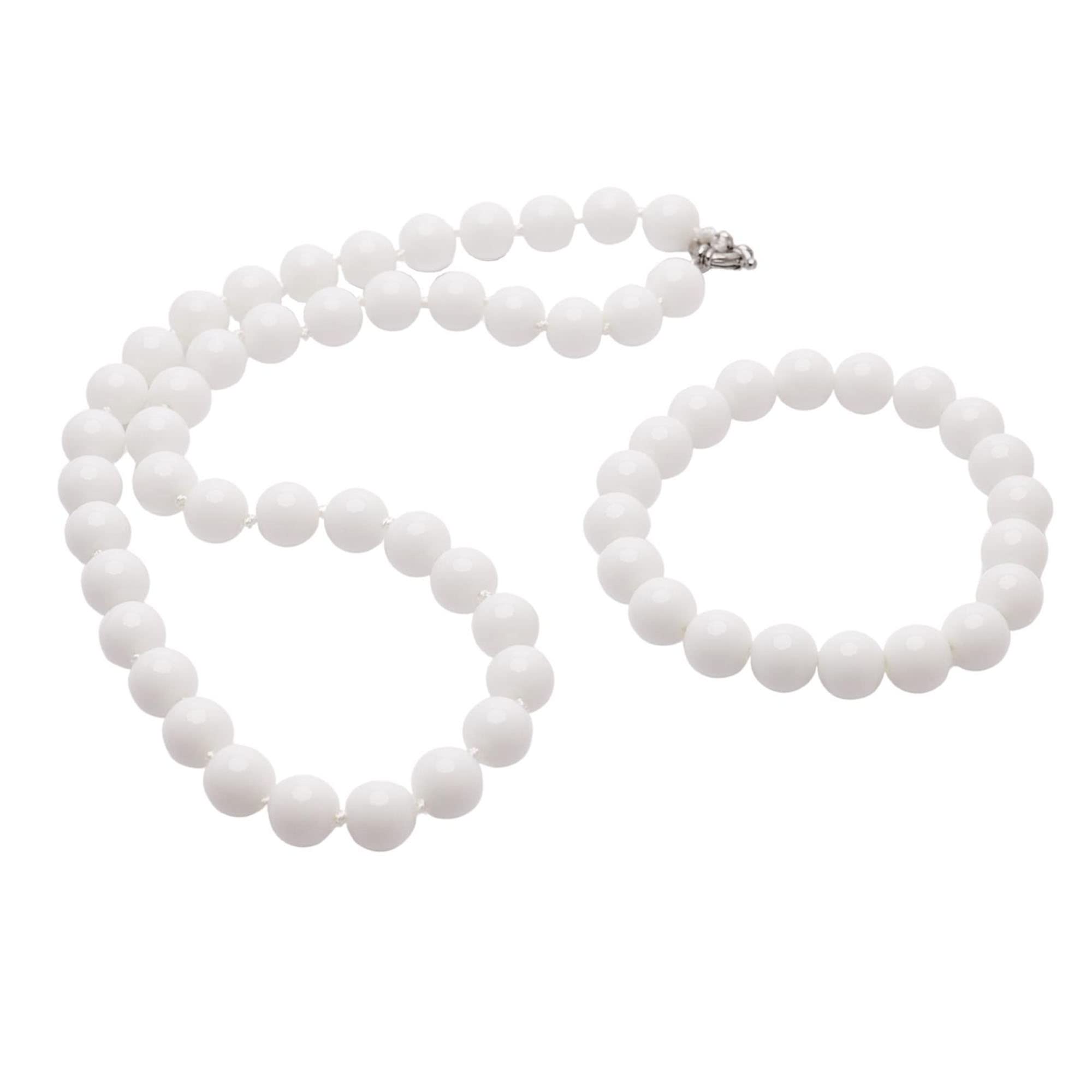 Treasure Bay Women's Necklace Jewellery Set | Stunning 10mm Natural Gemstone Beaded Necklace Bracelet (White Jade)