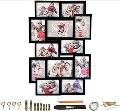 Modern Black Collage Photo Frame 24" x 15.75" [With 3.5" x 5.5" and 4.5" x 6.5" 12 Mini Glass Frames Photo Windows BUNDLE Picture Hanging Kit + Level