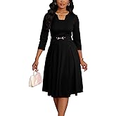 Elainone Womens 3/4 Sleeves Casual A Line Dress with Belt Church Work Wedding Guest Semi Formal Dresses