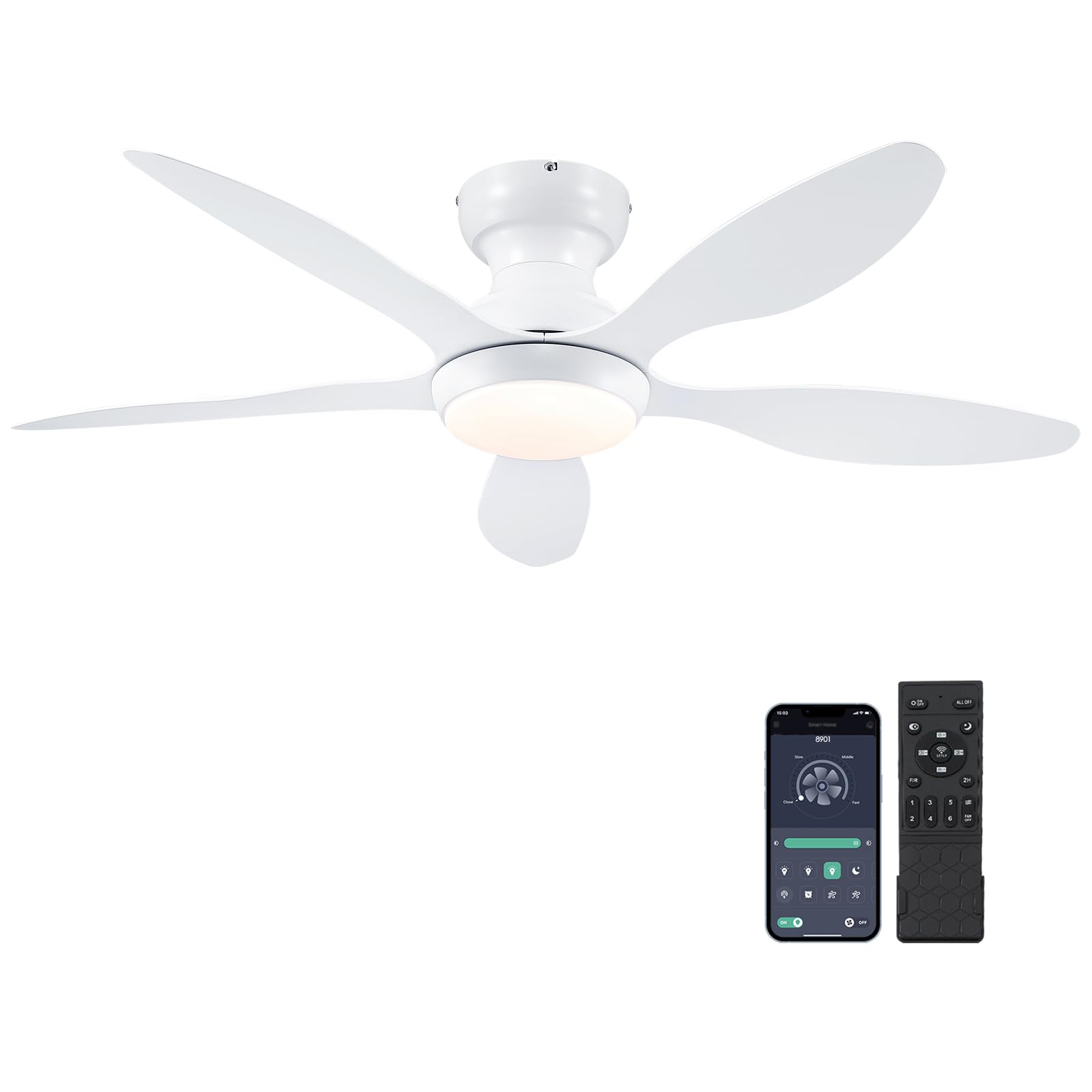 Photo 1 of Ceiling Fans with Lights, 46 inch Modern Low Profile Ceiling Fan with Light and Remote App Control, Flush Mount, Quiet DC Reversible, Dim Led Ceiling Fan for Bedroom Kitchen Indoor/Outdoor Patio White