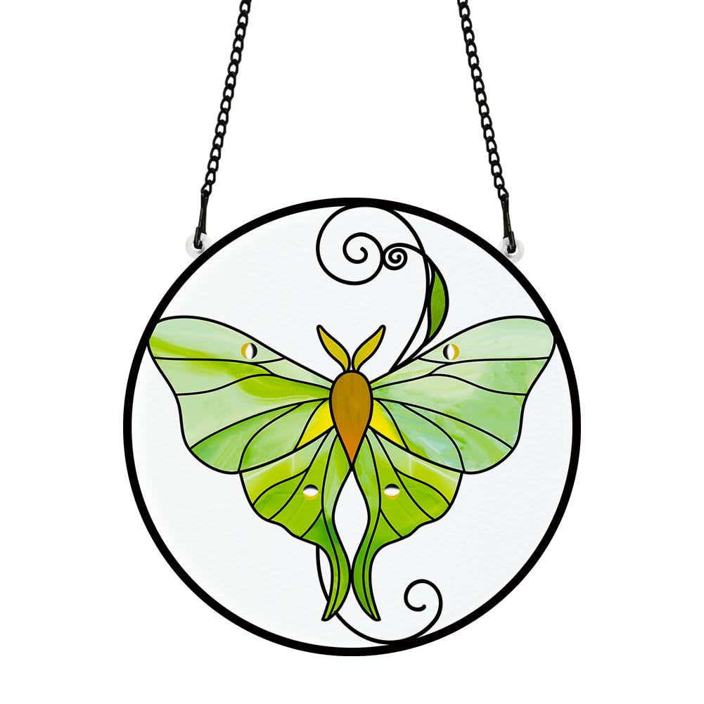 PLIGREAT Suncatchers Green Luna Moth Acrylic Stained Glass Sun Catchers Summer Patio Garden Hanging Tree Ornaments for Living Room Bedroom Playroom Window Decoration Wall Art Decor Memorial Gifts