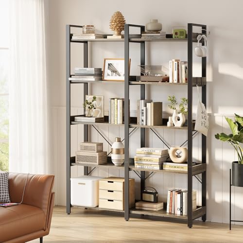 Seventable 5 Tier Large Bookshelf, 63" Tall Industrial Bookcase with 4 Hooks, Wooden Bookcase for Home Office Living Room, 43.3” Wide Standing Storage Shelf with Open Shelves, Grey