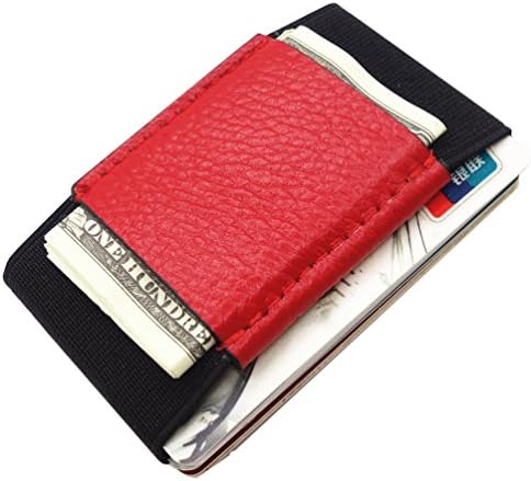 Minimalist Slim Genuine Leather Wallet With Elastic Front Pocket Card Holders And Cash (Red)