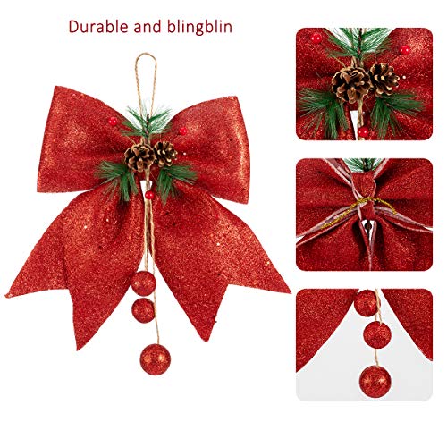 Alphatool 4pcs Red Christmas Decorative Bows with Pinecone for Wreath Garland Treetopper Christmas Tree Gifts Party Home Indoor or Outdoor Holiday Decorations (Red, 10W12L) - Thumbnail 2