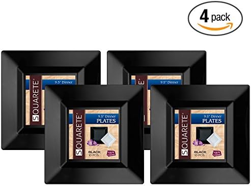 Squarete 9.5'' inch Black Dinner Square Party Plates Hard Plastic Elegant Disposable 10 Square Dinner Plates Per Package Pack of 4