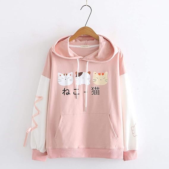 Amazon パーカー レディース 長袖 フード付き 猫 かわいいい トレーナー ブラウス 長袖 猫顔 可愛い ゆったり 着痩せ 長袖 カジュアル パーカー 春 秋 冬 ピンク M トレーナー パーカー 通販