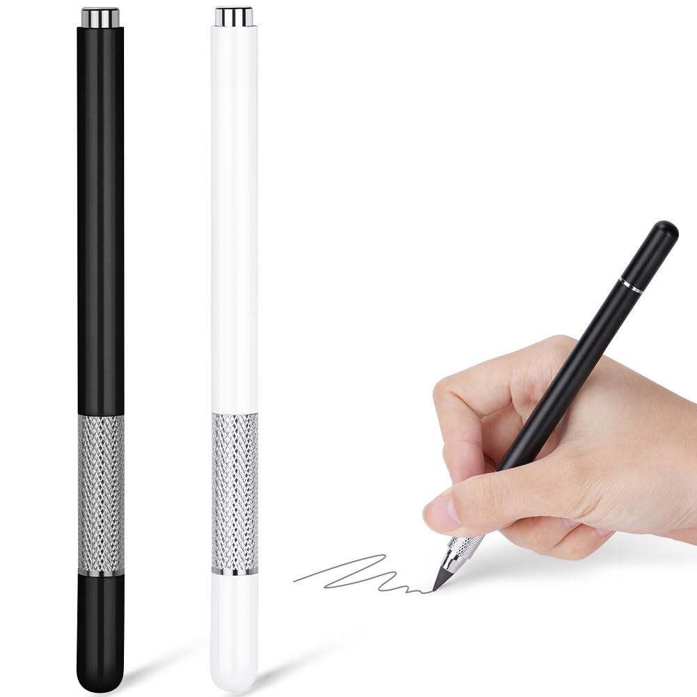 AUAUY 2PCS Metal Inkless Pencil, Infinity Reusable Everlasting Aluminum Pen with Replaceable Nib for Writing & Drawing, Suitable for Students & Home Office