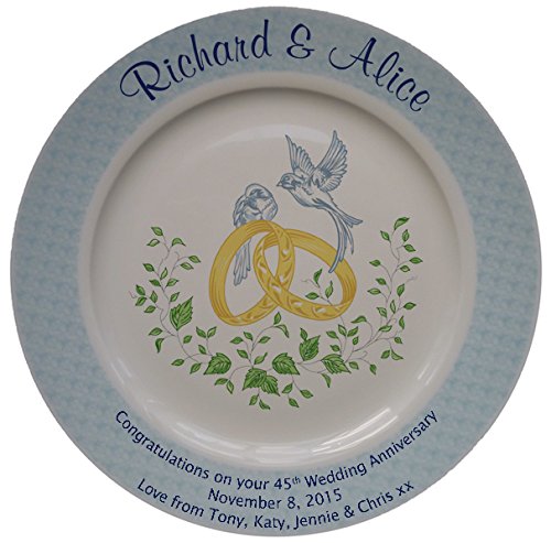 Personalized Bone China Commemorative Plate For A 45th Wedding Anniversary - Rings And Doves Design With A Blue Rim