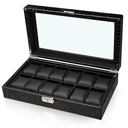 CRITIRON Watch Case Display Organizer for Men, Watch Box PU Leather Luxury Watch Cabinet with Lock and Glass Top(Black)