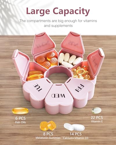 FHORAIN Weekly Pill Organiser, Cute, 7 Day, Large Compartments, Portable Tablet Box, Round, Vitamin and Supplement Case (Pink)