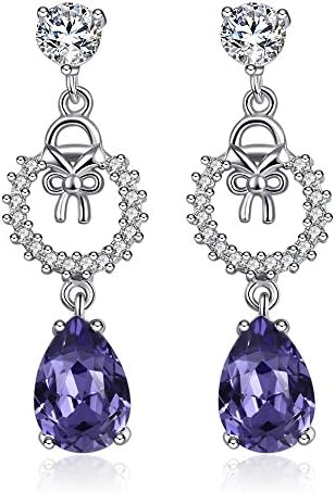 Canmiya Sterling Silver Pear-shaped Purple Crystal Stud Dangle Earrings for Women (Purple)