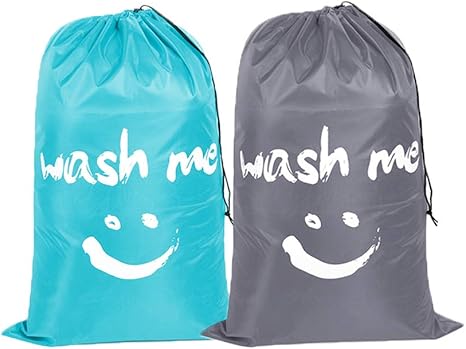 Amazon Co Jp ナプキン ナイロンランドリーバッグ 洗濯 旅行ストレージポーチ 洗濯機洗い可能 汚れた衣類オーガナイザー 洗濯 巾着バッグ ハンパー ライトブルー グレー 2個 ホーム キッチン