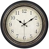 45Min 14-Inch Round Classic Clock, Silent Non-Ticking Retro Quartz Decorative Wall Clock (Black-Gold)