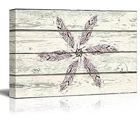 Sketched Feathers Shaped Into a Flower on a Wooden Background - Canvas Art Home Art - 12x18 inches