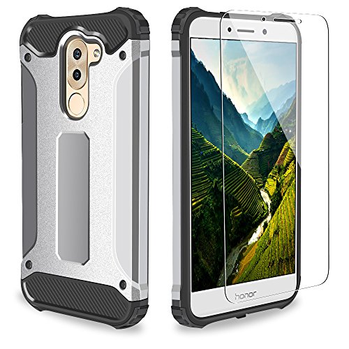 Honor 6X Case, Honor 6X HD Screen Protector, Jiunai Heavy Duty Drop Protection Defender Armor Hard Cover + TPU Shockproof Inner Layer Hybrid Rugged Protective Case for Huawei Honor 6X Silver