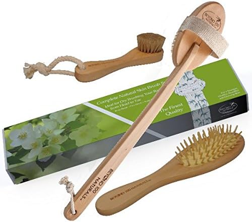 100% Natural Body and Face Brush Set for Dry Brushing Skin - Boar Bristles- Long Handle - Exfoliate, Reduce Cellulite, Improve Circulation, Drain Lymph - Great GIFT - FREE Hair Brush and How-To e-book