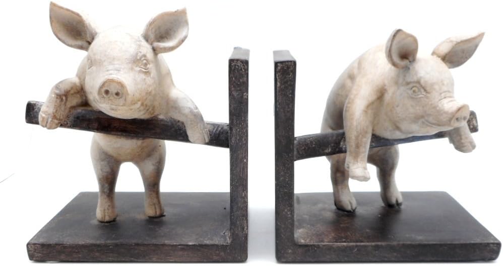 DCI Pig Bookend Set of Two Pig Pair Climbing Fence Resin