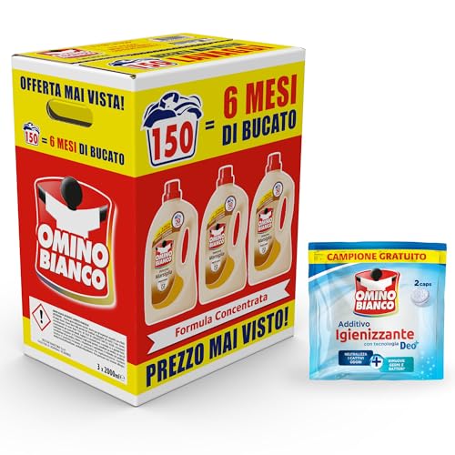 Omino Bianco Detersivo Lavatrice Marsiglia,150 Lavaggi, 2000ml x 3 +Omaggio