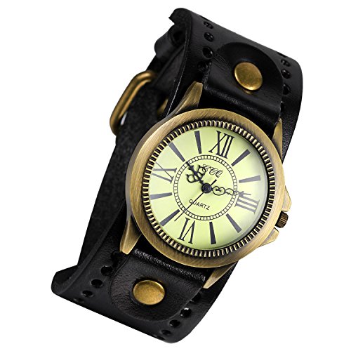 Lancardo Vintage Leather Bracelet Watch With Antique Brass Bronze Tone Bezel(Black)