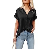 Pausus Satin Button Down Shirts for Women Short Sleeve Office Blouse Casual Business V Neck Silk Tops Slim Fit S-XXL