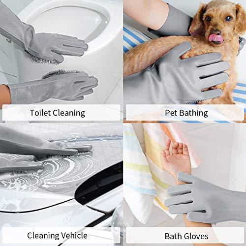 Magic Silicone Cleaning Gloves Dishwashing Scrubber - 1 Pair Reusable Dish Wash Scrubbing Sponge Gloves with Bristles, Great for Washing Dish, Kitchen, Car, Bathroom. (Gray) - Thumbnail 5