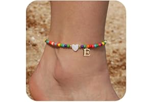 Honsny Ankle Bracelets for Women Initial Anklets Waterproof Boho Beaded Dainty Ankle Bracelets for Teen Letter Heart Handmade Adjustable Foot Chain Anklet Summer Vacation Colorful Jewelry Gift