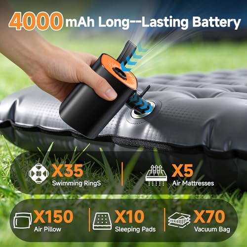 Electric Air Pump, 4000 mAh Battery Air Pump with LED Lighting/Hanging Hook/4 Air Nozzles, 5 kPa, 360 l/min for Air Mattress/Sleeping Mat/Inflatable Sofa/Paddling Pool/Pool/Vacuum Bag/Camping