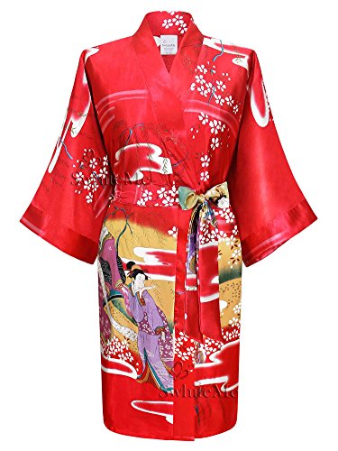 Swhiteme Women's Kimono Robe, Short, One Size, Geisha, Red