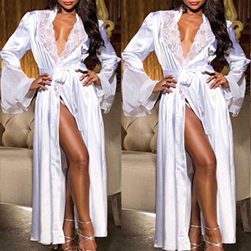 Keepfit Sexy Long Silk Kimono Dressing Gown, Women Babydoll Lace Lingerie Bath Robe Nightgown (L, White) - Thumbnail 2