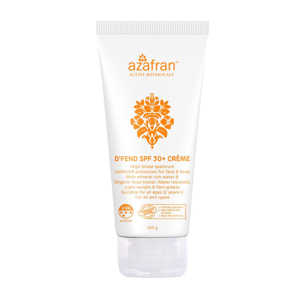 Azafran Organics D'fend SPF 50+Creme Moisturising Lotion for All Types of Skin Water Resistant - 100 GM
