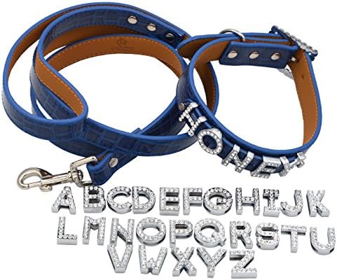 Yeahfits Blue PU Leather Pet Walking Leash+Adjustable Artificial Leather Serpentine Collars+26pcs Crystal Rhinestone Letter DIY Personalized Name For Dogs and Cats (12-14''Neck 3/4'' Wide, Blue)