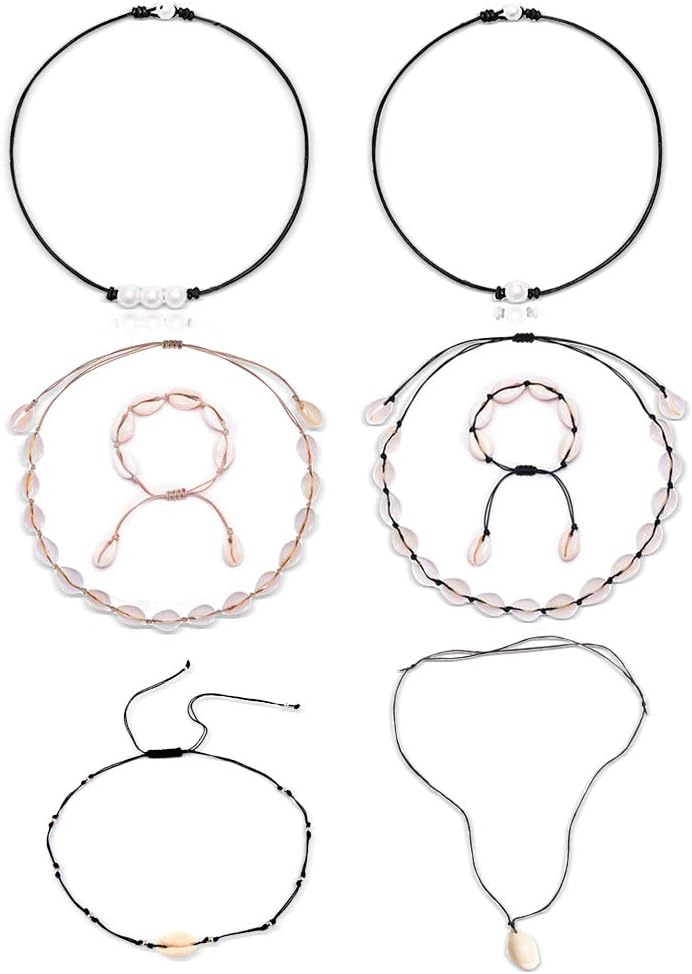 8 PCS Shell Choker Necklace Pearl Bracelet Pack, Natural Shell Necklaces Adjustable Handmade Boho Sea Necklace for Women Girls Hawaii Beach Seashell Pearl Choker