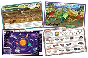 Tot Talk Educational Kids Placemats - STEM - Science Table Mats: Solar System, Dinosaurs, Rocks, Fossils - Reversible Activities- Waterproof, Washable, Wipeable, Durable, Double-sided, Made in the USA