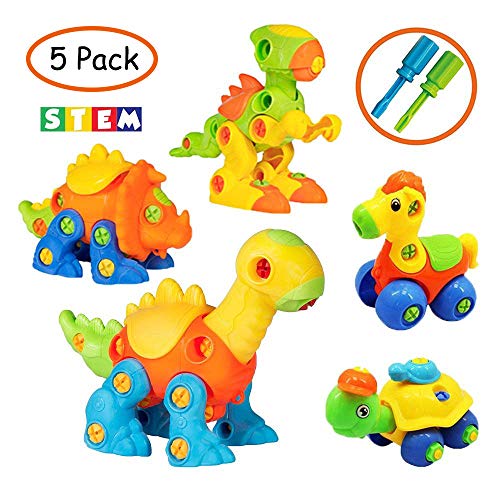 WenToyce Take Apart Dinosaur Horse Turtle with Drill, Construction Engineering STEM Learning Toy Building Play Set for Kids Toddlers, Pack of 5 Animails