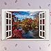 DNVEN Faux Window Decals Autumn Feel Red Leaves Peaceful Lake False Window Clings Murals 3D Full Color Vinyl Bedroom Living Room Playroom Wall 24 inches x 16 inches