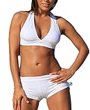 Century Star Push up Athletic Two Piece Bikini Set Deep V Neck Vintage Halter Back with Boyshort Swimsuit Bathsuit for Women