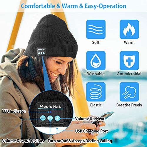 Miserwe Wireless Beanie Hat V5.0 Unisex Wireless Hat Headphones Winter Outdoor Sport Knit Cap with Wireless Stereo Headphone Headset Mic Hands Free Compatible with iPhone Android (Black) - Thumbnail 4