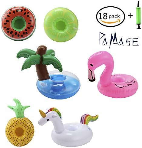 PAMASE 18 Packs Float Drink Cup Holders for Pool - Inflatable Floatable Coasters of Unicorn Flamingo, Coconut Palm, Lemon, Watermelon and Pineapple