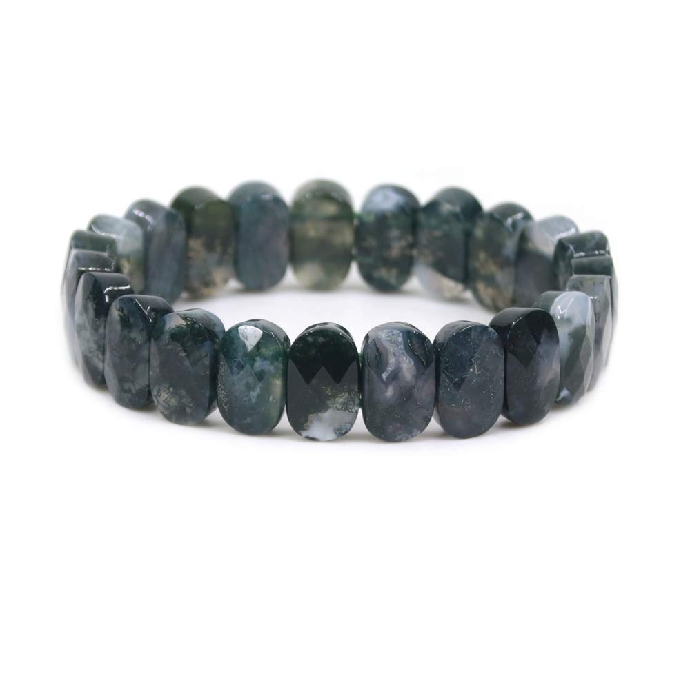 CHENYUE Natural Moss Agate Gemstone 14mm Faceted Oval Beads Stretch Bracelet 7.5 Inch Unisex — image 1