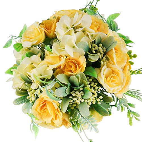 4 Bouquets Mini Artificial Peonies Flowers Silk Hydrangea with Fern Leaves Fake Plants for Table Centerpiece Flower Arrangements Wedding Decor (Yellow)