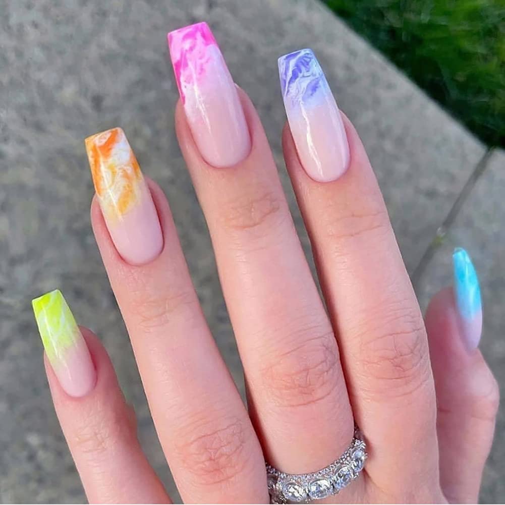 Carufin 24Pcs Crown Lips Long Coffin Nail Shining Heart French Acrylic False Nail Press on Nails Ballet False Nails for Women Girls (A)