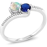 Gem Stone King 10K White Gold White Simulated Opal Blue Created Sapphire and Diamond Engagement Ring For Women (0.67 Cttw)