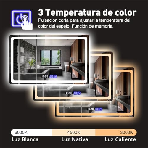 Espejo para Baño con luz LED,Espejo de 40x60cm,para tocador(Square 40*60cm) | Iluminación ajustable de 3 colores, eliminación de niebla, visualización de temperatura de tiempo.