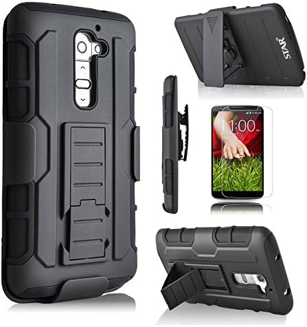 LG G2 Case, (Not for Verizon LG G2) Starshop [Heavy Duty] Dual Layers Kickstand Case with [0.33m 9H Tempered Glass Screen Protector Included] and Locking Belt Clip (Black)