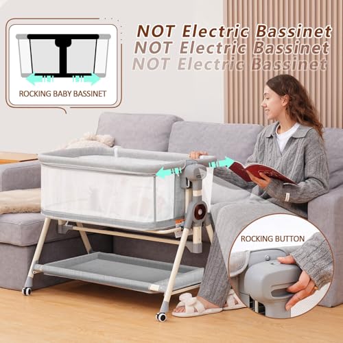 Baby Bassinet, Rocking Bassinet with Waterproof Sheets, Grey | 3 in 1 Baby Bassinets Bedside Sleeper 6 Height Adjustable Bedside Bassinet for Newborn