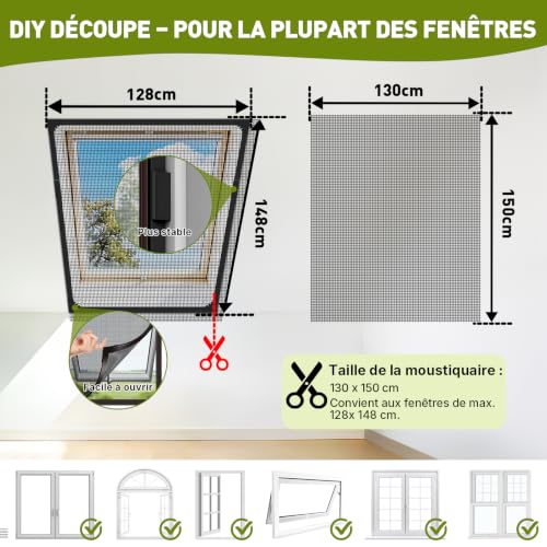 MLEJU Magnetic Window Mosquito Net 130 x 150 cm Fibreglass | Strong magnetic frame, stable mounting, adjustable size DIY, easy installation, magnetic mosquito net window for roof