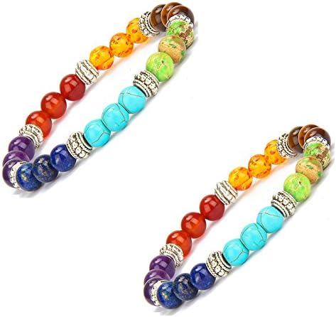 VIki98 7 Chakra Crystal Gem Stone Stretch Mala Bracelet Yoga Prayer Reiki Healing energy Beads Bracelet (2pcs NO.1)