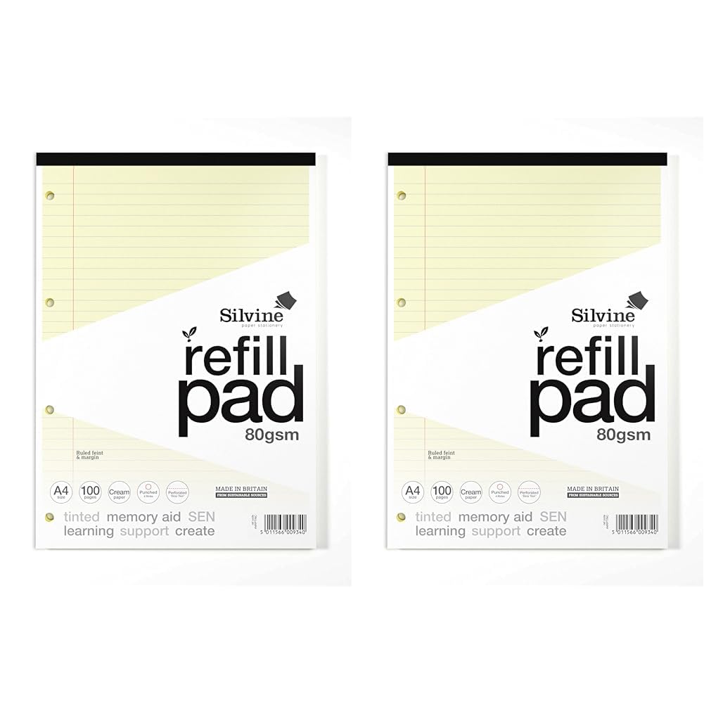 Silvine A4 SEN Tinted Paper Refill Pad Cream - Lined with Margin (100 Pages) (Pack of 2)